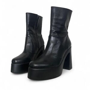 Gianni Bini Black Leather Platform Ankle Boots Chunky Heel Size 9.5